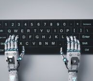 Robotic hands seamlessly typing on a large, illuminated keyboard with a futuristic design, embodying cutting-edge technology predictions.