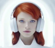 A person with red hair dons large white headphones, immersed in the bright, futuristic setting where technology predictions come alive.