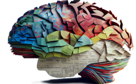 A colorful, layered paper sculpture of a brain elegantly merges technology predictions with art, displaying vibrant shades of blue, green, red, and beige.