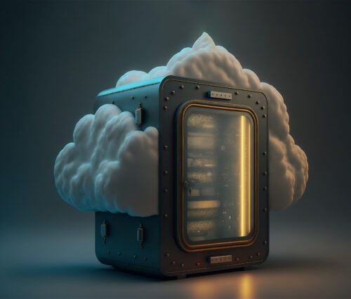 A 3d rendering of a cloud server with a cloud on top.