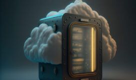 A 3d rendering of a cloud server with a cloud on top.