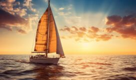A sailboat with a large white sail against a vivid sunset over a calm sea, with rays of sunlight beaming through scattered clouds.