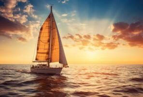 A sailboat with a large white sail against a vivid sunset over a calm sea, with rays of sunlight beaming through scattered clouds.