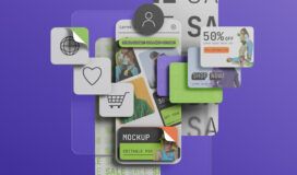 Floating digital cards with various app icons and advertisements on a purple background, showcasing UX design elements.