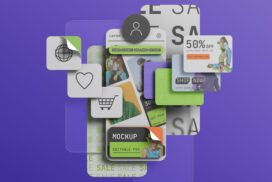 Floating digital cards with various app icons and advertisements on a purple background, showcasing UX design elements.
