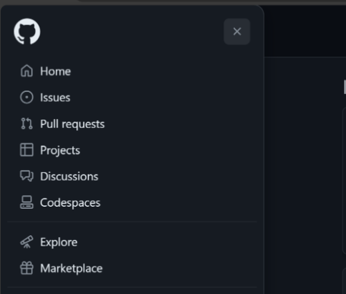 A screenshot of the github website interface showing the left sidebar with menu options including home, pull requests, issues, projects, codespaces, discussions, explore, and repositories.