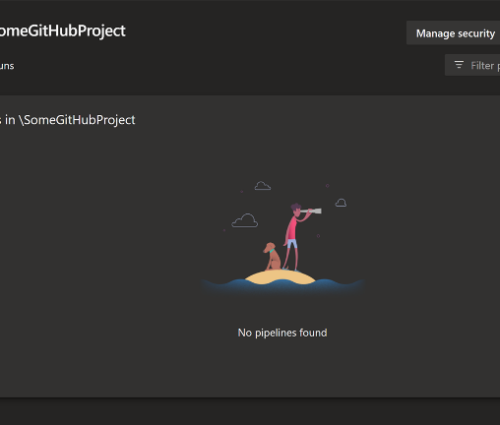 A screenshot displaying the interface of "somegithubproject" in the pipelines tab, showing an illustration of a person fishing on a small island with the text "no pipelines found.