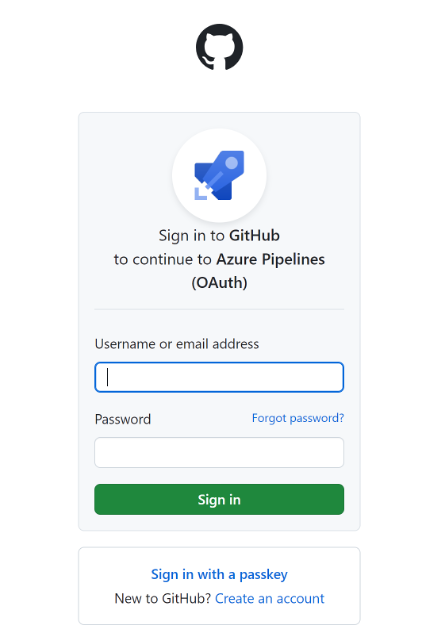 Screenshot of a login page for azure pipelines, featuring fields for username and password, with "sign in with a passkey" and "new to github? create an account" options.