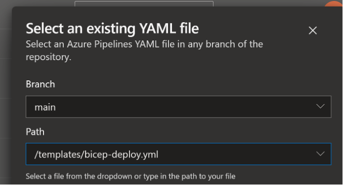 Dialog box titled "select an existing yaml file" with options to choose a branch and file path for an azure pipelines yaml file.