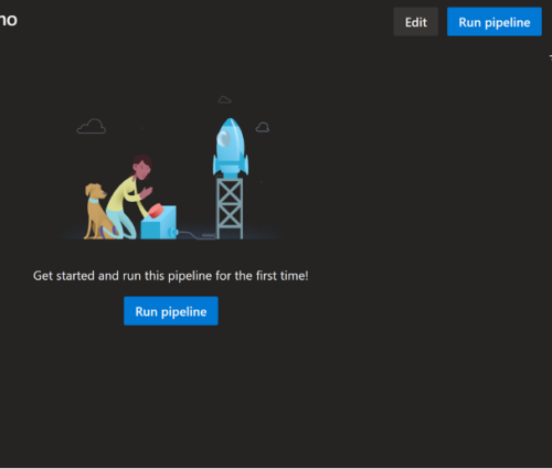 Illustration of a woman kneeling next to a dog, both looking at a large rocket, within a user interface labeled "demo" with a button to "run pipeline.