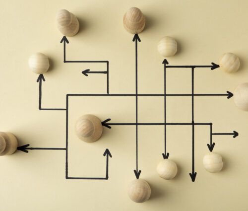 Wooden balls placed on a beige background with black arrows and lines creating a complex interconnected pathway.