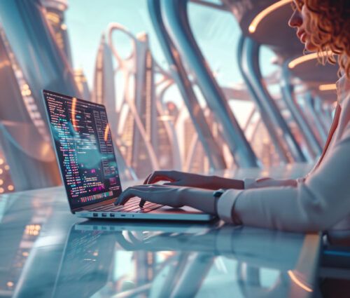 A person works on a laptop displaying colorful code for test automation, set against a futuristic cityscape visible through large windows.