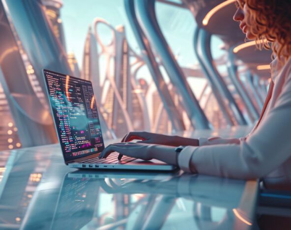 A person works on a laptop displaying colorful code for test automation, set against a futuristic cityscape visible through large windows.