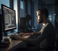 A person wearing glasses sits in front of a computer screen, typing on a keyboard. The screen displays complex code related to test automation, and the setting appears to be an office or workspace with dim lighting.