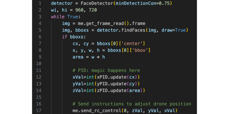 A snippet of Python code for detecting faces and adjusting a drone's position using coordinates and PID controller updates.