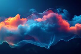 A digital artwork depicting a cloud with vibrant orange and blue hues, surrounded by a semi-transparent, wavy mesh structure against a dark background.