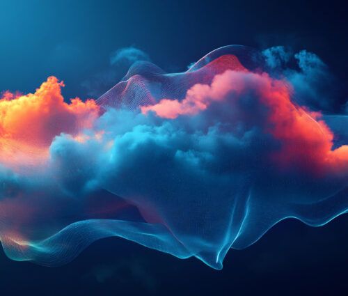 A digital artwork depicting a cloud with vibrant orange and blue hues, surrounded by a semi-transparent, wavy mesh structure against a dark background.