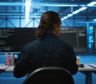 Person with long hair sits at a desk with three computer monitors in a modern, blue-lit office space. The screens display code and software applications, as they focus intently on evaluating AI.