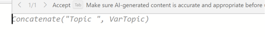 A formula in a spreadsheet reads: concatenate("Topic ", VarTopic).