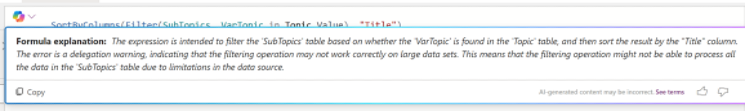 A screenshot of a formula explanation from a software, describing a filtering and sorting function and a warning about potential limitations due to the data source constraints.