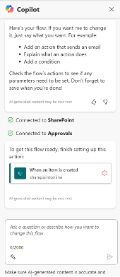 Screenshot of a setup interface for Microsoft Copilot with instructions for configuring a flow, indicating connections to SharePoint and Approvals, and a prompt to finish setting up the flow.