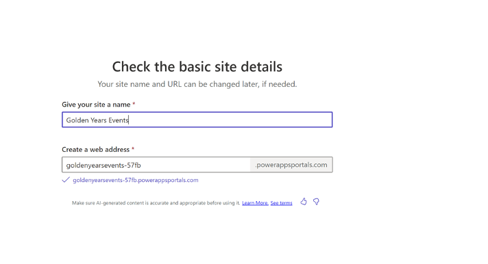 Screenshot of a website setup page where the site name "Golden Years Events" is being entered. The suggested web address is "goldenyearsevents-57fb.powerappsportals.com".