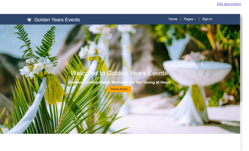 A tropical-themed event setup with palm leaves and white flowers. Text on the image reads "Welcome to Golden Years Events - Creating Unforgettable Moments for the Young at Heart." Buttons: "Explore Events" and "Sign in.