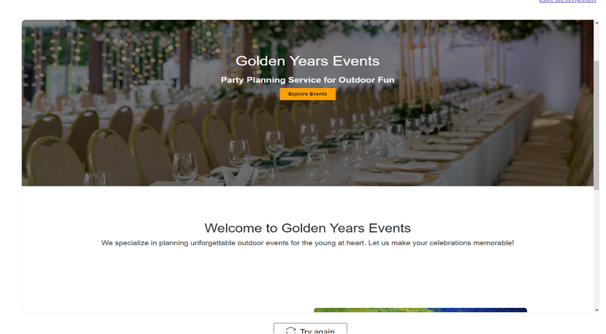 Screenshot of the Golden Years Events webpage, showcasing a long table with green chairs and a white tablecloth. The text describes party planning services for outdoor events.