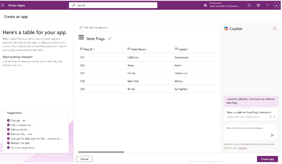 A software interface for creating an app, displaying tables with columns for Flag ID, State Name, and Capital. Additional options and an assistant sidebar labeled "Copilot" are visible.