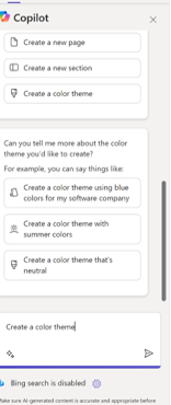 A sidebar menu from a software interface displays options for creating a new page, new section, or color theme. Below, user input regarding color themes is demonstrated with examples.