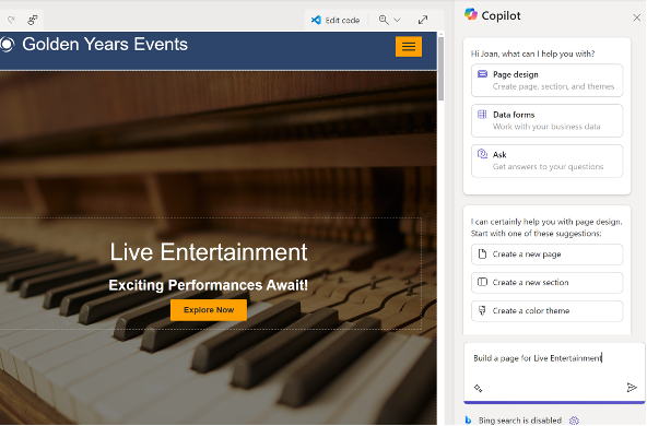 Screenshot of a webpage featuring "Golden Years Events" with a background image of a piano and the text "Live Entertainment. Exciting Performances Await!" alongside a Copilot interface on the right offering assistance options.