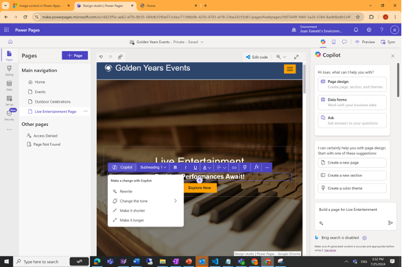 Screenshot of Power Pages interface showing a webpage with a piano background and text "Live Entertainment". Copilot sidebar on the right provides options for design assistance.