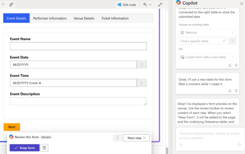 A form titled "Event Details" with fields for event name, event date, event time, and a description box. A sidebar window is open on the right with instructions and preview options.