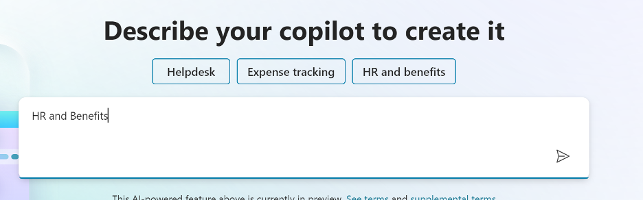 A text entry field with options above labeled Helpdesk, Expense tracking, and HR and Benefits. The selected option is HR and Benefits. A filled text box below has the same text entry.