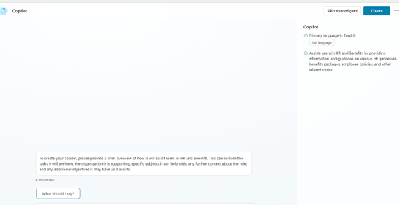 Screenshot of a setup interface for Copilot, showing a text prompt instructing the user to provide information about how Copilot will assist in HR and Benefits. There is a "Create" button on the top right.