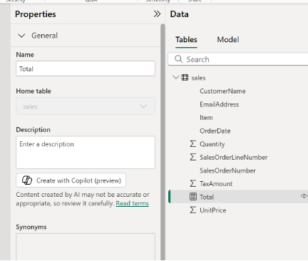 Screenshot of a data model in a software application. The left panel is titled 'Properties' with details and a 'Create with Copilot' button, while the right panel lists columns under 'Tables'.