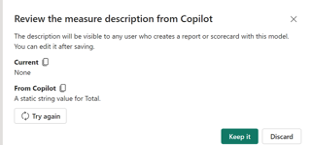 Screenshot of a review dialog box from Copilot, displaying a measure description. Options include "Current: None" and "From Copilot: A static string value for Total." Buttons for "Try again," "Keep it," and "Discard" are at the bottom.