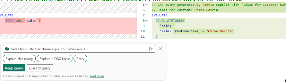 Screenshot showing a DAX query comparison panel. The query on the left selects top 100 sales, while the query on the right filters sales for customer name "Chloe Garcia.