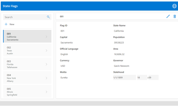 A screenshot of a database interface displaying details for California, including capital, population, official language, area, governor, currency, motto, and statehood date.