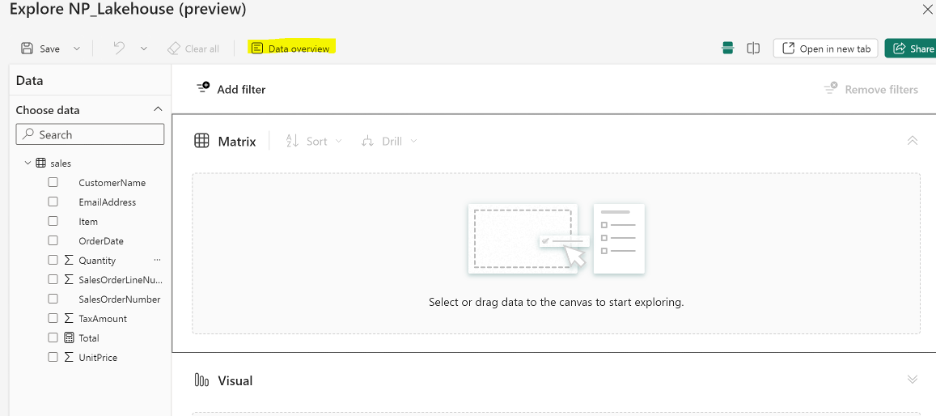 A screenshot of a data exploration interface labeled "Explore NP_Lakehouse (preview)" with options to add filters and drag data into a canvas for analysis.