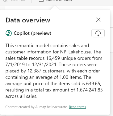 Screenshot of a Data Overview from Copilot preview, detailing sales and customer data for NP_Lakehouse, including specific figures on orders, customers, and item prices from 7/1/2019 to 12/31/2021.