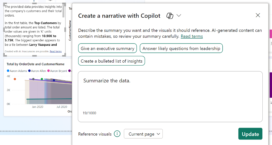 Screenshot of a user interface with a "Create a narrative with Copilot" window open, containing options for an executive summary, questions from leadership, and a bulleted list of insights.