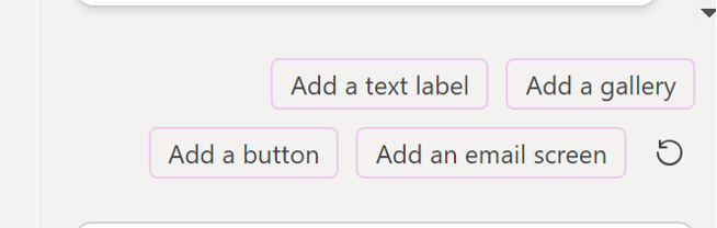Screenshot of a user interface displaying options to add a text label, gallery, button, or email screen, accompanied by a refresh icon.