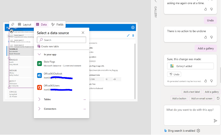 A screenshot of a software interface showing the process of selecting a data source. Various options including Office365Outlook and Office365Users are visible in a dropdown menu. Controls like buttons and fields are also present.