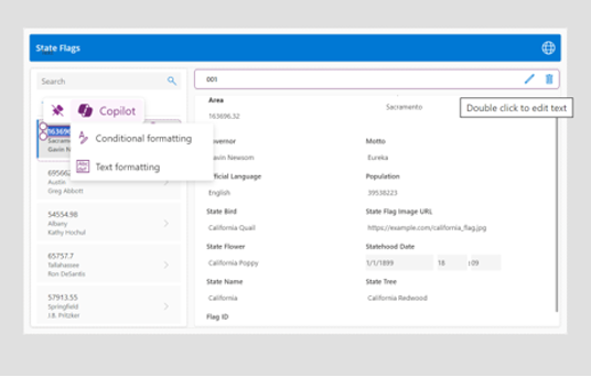 Screenshot of a software interface displaying information about the state flag of California. Options for "Conditional formatting" and "Text formatting" are visible in a dropdown menu.