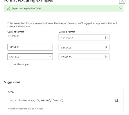 A user interface for formatting text using examples. The current formats are shown next to their desired formats. A 'Suggestions' section is displayed below with a specific text expression example.