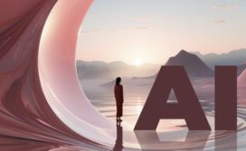 A person stands facing large "AI" letters with a surreal landscape backdrop of mountains and a setting sun, as if evaluating AI's role in this dreamlike scene.