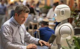 A man works on a laptop at a desk while a humanoid robot sits beside him. They are in a modern, busy office space with people in the background.