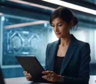 A woman in a business suit works on a tablet in a modern office with a futuristic design in the background.