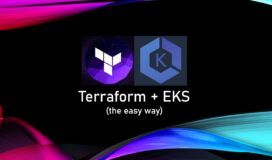 Terraform and EKS logos with the text 'Terraform + EKS (the easy way)' on a dark background with colorful waves.